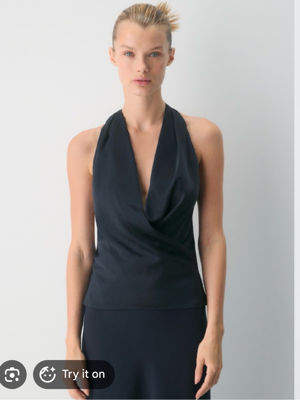 Navy Satin Halter Tie-Neck Top